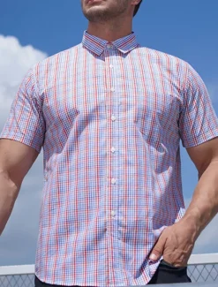 Online OUKU Men's Shirt Dress Shirt Plaid Office & Career Wedding Party Light Pink Light Blue Pink Dark Pink Short Sleeve Lapel Summer Clothing Apparel