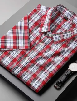 Online OUKU Men's Shirt Dress Shirt Plaid Office & Career Wedding Party Light Pink Light Blue Pink Dark Pink Short Sleeve Lapel Summer Clothing Apparel