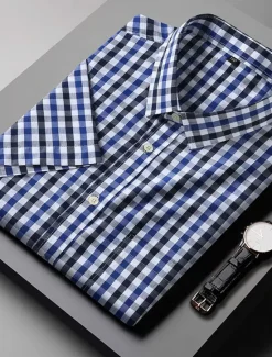 Online OUKU Men's Shirt Dress Shirt Plaid Office & Career Wedding Party Light Pink Light Blue Pink Dark Pink Short Sleeve Lapel Summer Clothing Apparel