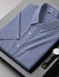 Online OUKU Men's Shirt Dress Shirt Plaid Office & Career Wedding Party Light Pink Light Blue Pink Dark Pink Short Sleeve Lapel Summer Clothing Apparel