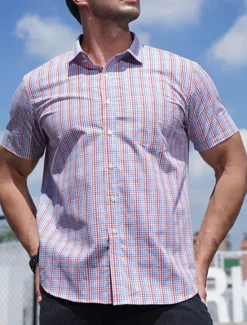 Online OUKU Men's Shirt Dress Shirt Plaid Office & Career Wedding Party Light Pink Light Blue Pink Dark Pink Short Sleeve Lapel Summer Clothing Apparel