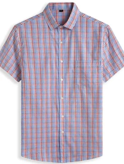 Online OUKU Men's Shirt Dress Shirt Plaid Office & Career Wedding Party Light Pink Light Blue Pink Dark Pink Short Sleeve Lapel Summer Clothing Apparel