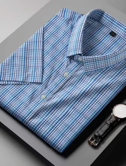 Online OUKU Men's Shirt Dress Shirt Plaid Office & Career Wedding Party Light Pink Light Blue Pink Dark Pink Short Sleeve Lapel Summer Clothing Apparel