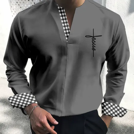 Outlet OUKU Men's Shirt Dress Shirt Plaid / Check Outdoor Casual Blue Green Khaki Gray Long Sleeve V Neck Summer Fall Clothing Apparel Print