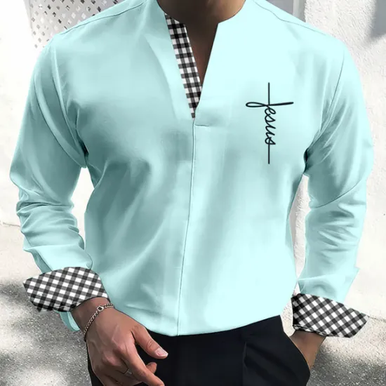 Outlet OUKU Men's Shirt Dress Shirt Plaid / Check Outdoor Casual Blue Green Khaki Gray Long Sleeve V Neck Summer Fall Clothing Apparel Print