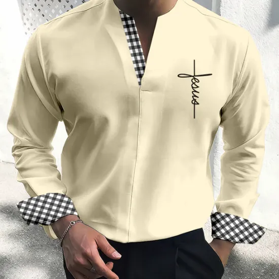 Outlet OUKU Men's Shirt Dress Shirt Plaid / Check Outdoor Casual Blue Green Khaki Gray Long Sleeve V Neck Summer Fall Clothing Apparel Print