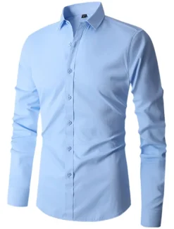 New OUKU Men's Shirt Dress Shirt Plain Office & Career Wedding Party Light Blue Black White Navy Blue Long Sleeve Lapel Summer Clothing Apparel
