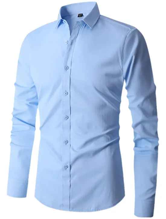 New OUKU Men's Shirt Dress Shirt Plain Office & Career Wedding Party Light Blue Black White Navy Blue Long Sleeve Lapel Summer Clothing Apparel