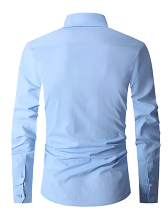 New OUKU Men's Shirt Dress Shirt Plain Office & Career Wedding Party Light Blue Black White Navy Blue Long Sleeve Lapel Summer Clothing Apparel