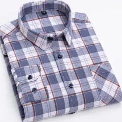 Online OUKU Men's Shirt Dress Shirt Plaid Office & Career Wedding Party Light Blue Black Navy Blue Blue Long Sleeve Lapel Spring & Fall Clothing Apparel Front Pocket