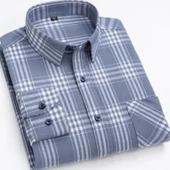 Online OUKU Men's Shirt Dress Shirt Plaid Office & Career Wedding Party Light Blue Black Navy Blue Blue Long Sleeve Lapel Spring & Fall Clothing Apparel Front Pocket
