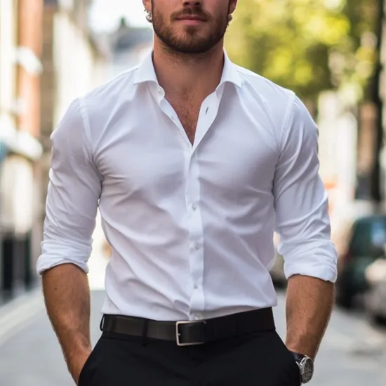 Best OUKU Men's Shirt Dress Shirt Plain Wedding Business Black Navy Blue Blue Long Sleeve Collar Summer Clothing Apparel White