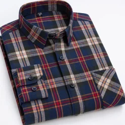 Best OUKU Men's Shirt Dress Shirt Plaid Office & Career Wedding Party Red Navy Blue Blue Orange Long Sleeve Lapel Spring & Fall Clothing Apparel Front Pocket