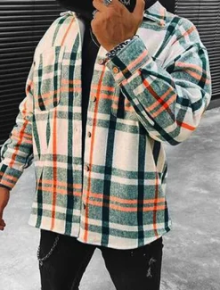 Sale OUKU Men's Shirt Flannel Shirt Shirt Jacket Overshirt Plaid / Check Outdoor Street Long Sleeve Collar Fall Winter Clothing Apparel Print Beige