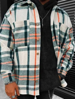 Sale OUKU Men's Shirt Flannel Shirt Shirt Jacket Overshirt Plaid / Check Outdoor Street Long Sleeve Collar Fall Winter Clothing Apparel Print Beige