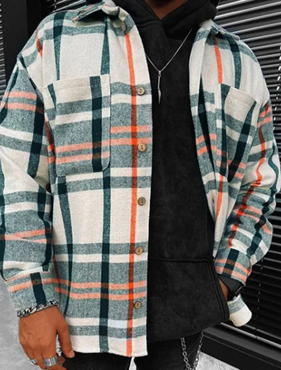 Sale OUKU Men's Shirt Flannel Shirt Shirt Jacket Overshirt Plaid / Check Outdoor Street Long Sleeve Collar Fall Winter Clothing Apparel Print Beige