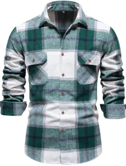 Sale OUKU Men's Shirt Flannel Shirt Plaid Shirt Shirt Jacket Overshirt Shacket Plaid / Check Outdoor Daily Wear Light Blue White Navy Blue Green Long Sleeve Lapel Fall & Winter Clothing Apparel Pocket