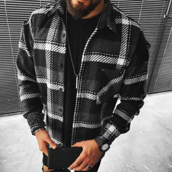 Clearance OUKU Men's Shirt Flannel Shirt Plaid Shirt Button Up Shirt Overshirt Shacket Plaid / Check Outdoor Daily Wear Black Yellow Red Khaki Long Sleeve Lapel Fall & Winter Clothing Apparel