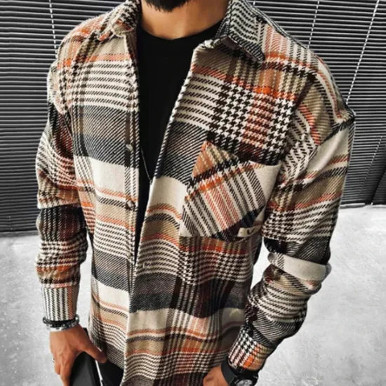 Clearance OUKU Men's Shirt Flannel Shirt Plaid Shirt Button Up Shirt Overshirt Shacket Plaid / Check Outdoor Daily Wear Black Yellow Red Khaki Long Sleeve Lapel Fall & Winter Clothing Apparel