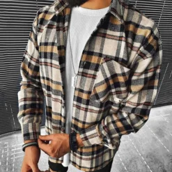 Clearance OUKU Men's Shirt Flannel Shirt Plaid Shirt Button Up Shirt Overshirt Shacket Plaid / Check Outdoor Daily Wear Black Yellow Red Khaki Long Sleeve Lapel Fall & Winter Clothing Apparel