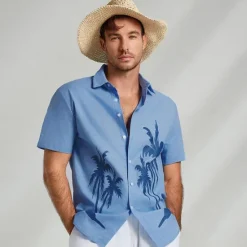 Outlet OUKU Men's Shirt Graphic Hawaiian Fashion Casual Linen Shirt Button Up Shirt Short Sleeve Daily Hawaiian Vacation Spring & Fall Lapel Print Blue Green Gray 55%Flax 45%cotton