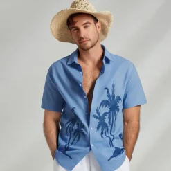 Outlet OUKU Men's Shirt Graphic Hawaiian Fashion Casual Linen Shirt Button Up Shirt Short Sleeve Daily Hawaiian Vacation Spring & Fall Lapel Print Blue Green Gray 55%Flax 45%cotton