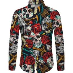 Discount OUKU Men's Shirt Graphic Shirt Rose Skull Turndown 3D Print Outdoor Halloween Long Sleeve Print Button-Down Clothing Apparel Fashion Designer Casual Breathable Red