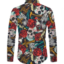 Discount OUKU Men's Shirt Graphic Shirt Rose Skull Turndown 3D Print Outdoor Halloween Long Sleeve Print Button-Down Clothing Apparel Fashion Designer Casual Breathable Red