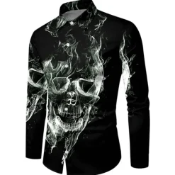 Best OUKU Men's Shirt Graphic Shirt Skull Turndown 3D Print Outdoor Halloween Long Sleeve Print Button-Down Clothing Apparel Vintage Cool Designer Casual Black