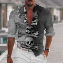 Outlet OUKU Men's Shirt Graphic Shirt Skull Stand Collar Black White+Black White Light Grey Gray 3D Print Outdoor Halloween Long Sleeve Print Button-Down Clothing Apparel Fashion Designer Casual Comfortable