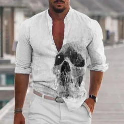 Outlet OUKU Men's Shirt Graphic Shirt Skull Stand Collar Black White+Black White Light Grey Gray 3D Print Outdoor Halloween Long Sleeve Print Button-Down Clothing Apparel Fashion Designer Casual Comfortable