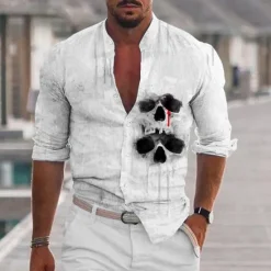 Outlet OUKU Men's Shirt Graphic Shirt Skull Stand Collar Black White+Black White Light Grey Gray 3D Print Outdoor Halloween Long Sleeve Print Button-Down Clothing Apparel Fashion Designer Casual Comfortable