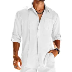 OUKU Men's Shirt Guayabera Shirt Linen Shirt Button Up Shirt Summer Shirt Beach Shirt Black White Navy Blue Long Sleeve Plain Turndown Spring & Summer Casual Daily Clothing Apparel Patchwork
