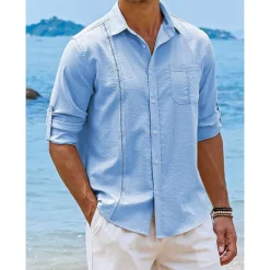 OUKU Men's Shirt Guayabera Shirt Linen Shirt Button Up Shirt Summer Shirt Beach Shirt Black White Navy Blue Long Sleeve Plain Turndown Spring & Summer Casual Daily Clothing Apparel Patchwork