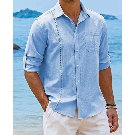 OUKU Men's Shirt Guayabera Shirt Linen Shirt Button Up Shirt Summer Shirt Beach Shirt Black White Navy Blue Long Sleeve Plain Turndown Spring & Summer Casual Daily Clothing Apparel Patchwork
