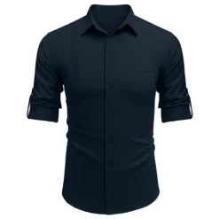 OUKU Men's Shirt Guayabera Shirt Linen Shirt Button Up Shirt Summer Shirt Beach Shirt Black White Navy Blue Long Sleeve Plain Turndown Spring & Summer Casual Daily Clothing Apparel Patchwork