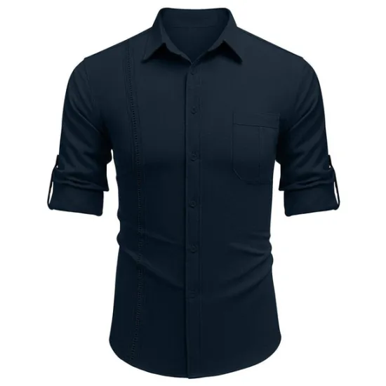 OUKU Men's Shirt Guayabera Shirt Linen Shirt Button Up Shirt Summer Shirt Beach Shirt Black White Navy Blue Long Sleeve Plain Turndown Spring & Summer Casual Daily Clothing Apparel Patchwork