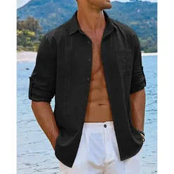 OUKU Men's Shirt Guayabera Shirt Linen Shirt Button Up Shirt Summer Shirt Beach Shirt Black White Navy Blue Long Sleeve Plain Turndown Spring & Summer Casual Daily Clothing Apparel Patchwork