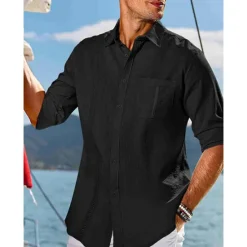 OUKU Men's Shirt Guayabera Shirt Linen Shirt Button Up Shirt Summer Shirt Beach Shirt Black White Navy Blue Long Sleeve Plain Turndown Spring & Summer Casual Daily Clothing Apparel Patchwork