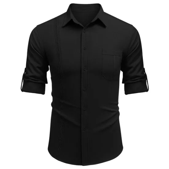 OUKU Men's Shirt Guayabera Shirt Linen Shirt Button Up Shirt Summer Shirt Beach Shirt Black White Navy Blue Long Sleeve Plain Turndown Spring & Summer Casual Daily Clothing Apparel Patchwork