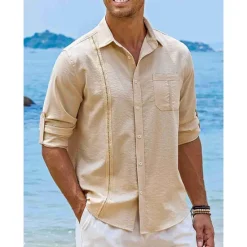OUKU Men's Shirt Guayabera Shirt Linen Shirt Button Up Shirt Summer Shirt Beach Shirt Black White Navy Blue Long Sleeve Plain Turndown Spring & Summer Casual Daily Clothing Apparel Patchwork