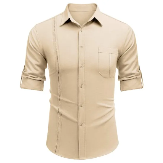 OUKU Men's Shirt Guayabera Shirt Linen Shirt Button Up Shirt Summer Shirt Beach Shirt Black White Navy Blue Long Sleeve Plain Turndown Spring & Summer Casual Daily Clothing Apparel Patchwork