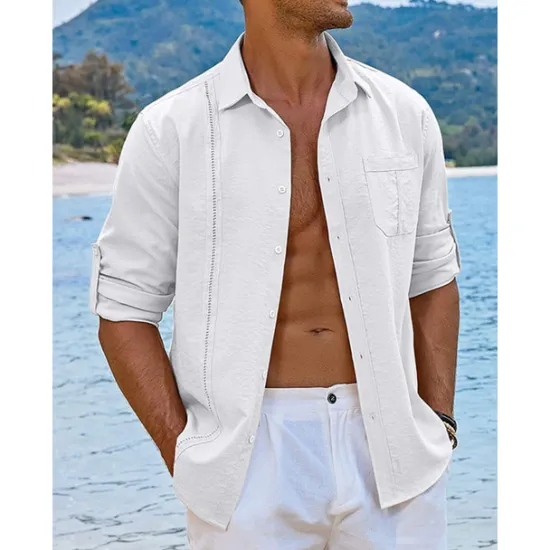 OUKU Men's Shirt Guayabera Shirt Linen Shirt Button Up Shirt Summer Shirt Beach Shirt Black White Navy Blue Long Sleeve Plain Turndown Spring & Summer Casual Daily Clothing Apparel Patchwork