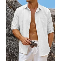 OUKU Men's Shirt Guayabera Shirt Linen Shirt Button Up Shirt Summer Shirt Beach Shirt Black White Navy Blue Long Sleeve Plain Turndown Spring & Summer Casual Daily Clothing Apparel Patchwork
