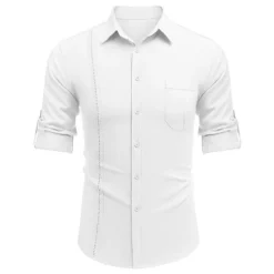 OUKU Men's Shirt Guayabera Shirt Linen Shirt Button Up Shirt Summer Shirt Beach Shirt Black White Navy Blue Long Sleeve Plain Turndown Spring & Summer Casual Daily Clothing Apparel Patchwork