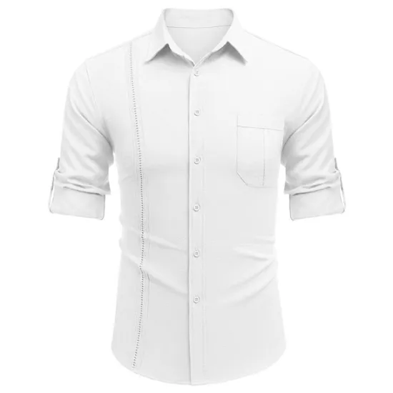 OUKU Men's Shirt Guayabera Shirt Linen Shirt Button Up Shirt Summer Shirt Beach Shirt Black White Navy Blue Long Sleeve Plain Turndown Spring & Summer Casual Daily Clothing Apparel Patchwork