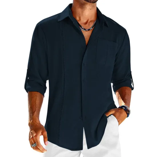 OUKU Men's Shirt Guayabera Shirt Linen Shirt Button Up Shirt Summer Shirt Beach Shirt Black White Navy Blue Long Sleeve Plain Turndown Spring & Summer Casual Daily Clothing Apparel Patchwork