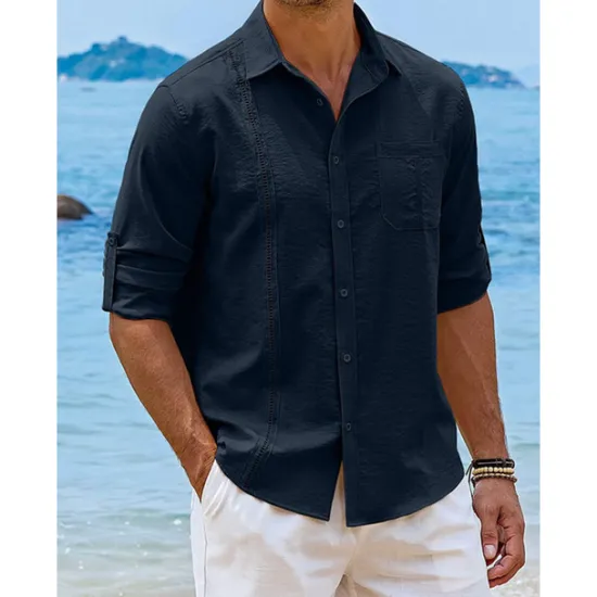 OUKU Men's Shirt Guayabera Shirt Linen Shirt Button Up Shirt Summer Shirt Beach Shirt Black White Navy Blue Long Sleeve Plain Turndown Spring & Summer Casual Daily Clothing Apparel Patchwork