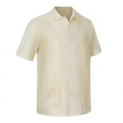 Hot OUKU Men's Shirt Guayabera Shirt Light Yellow Black White Light Green Pink Short Sleeve Turndown School Performance Embroidered Clothing Apparel Elegant Vacation Vintage Neutral