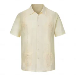 Hot OUKU Men's Shirt Guayabera Shirt Light Yellow Black White Light Green Pink Short Sleeve Turndown School Performance Embroidered Clothing Apparel Elegant Vacation Vintage Neutral